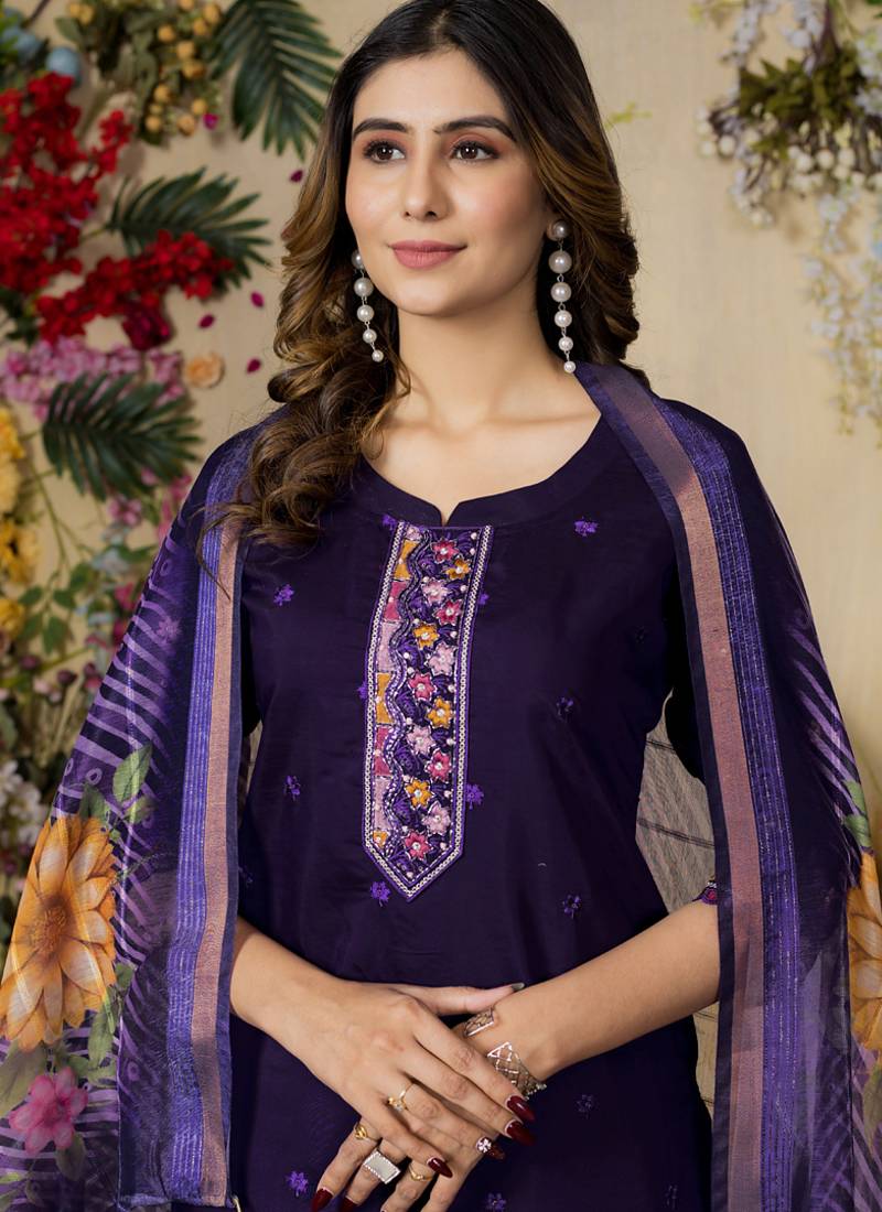 Purple roman silk thread embroidered designer salwar suit