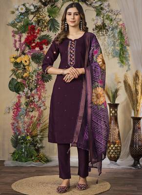 Wine roman silk thread embroidered salwar suit 1