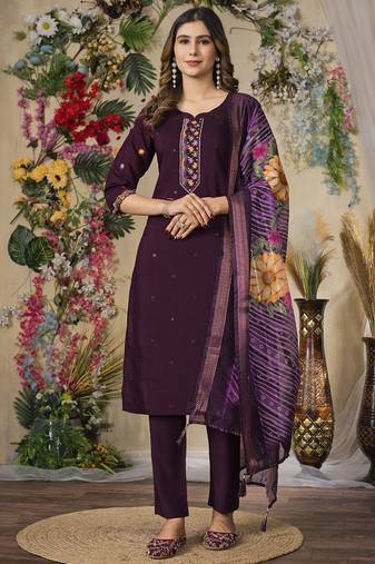 Wine roman silk thread embroidered designer salwar suit