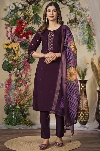 Wine roman silk thread embroidered designer salwar suit
