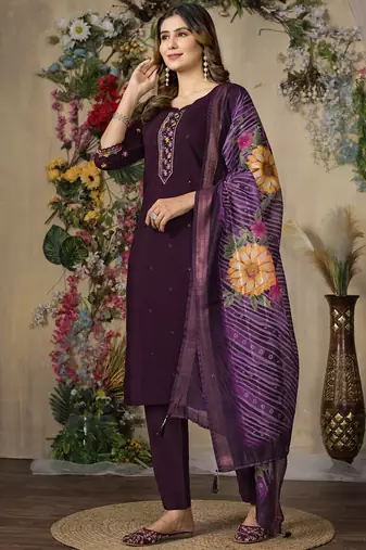 Wine roman silk thread embroidered salwar suit