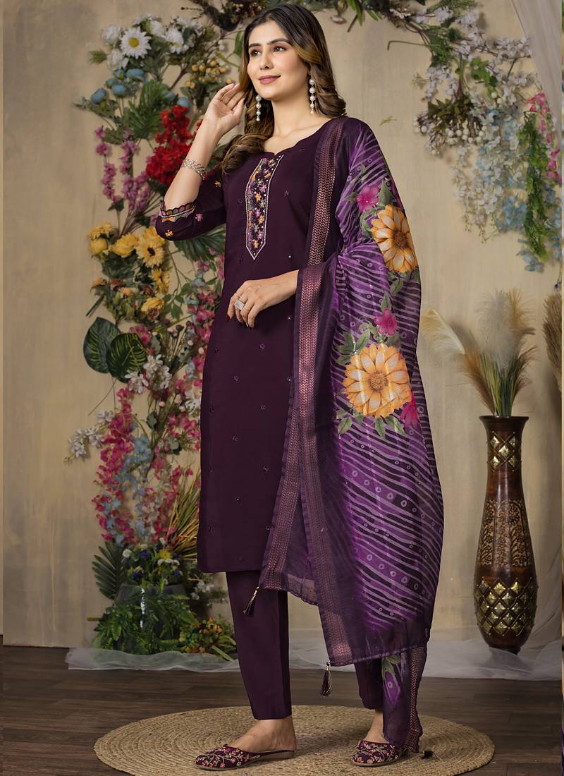 Wine roman silk thread embroidered designer salwar suit