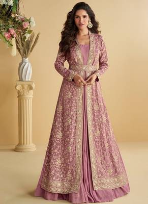 Pink chinon silk with embroidered work gown with shrug & belt 1
