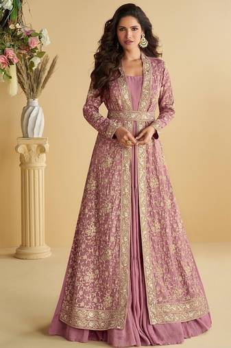Pink chinon silk with embroidered work gown with shrug & belt