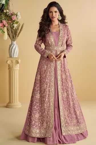 Pink chinon silk with embroidered work gown with shrug & belt