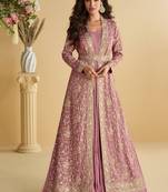 Pink chinon silk with embroidered work gown with shrug & belt