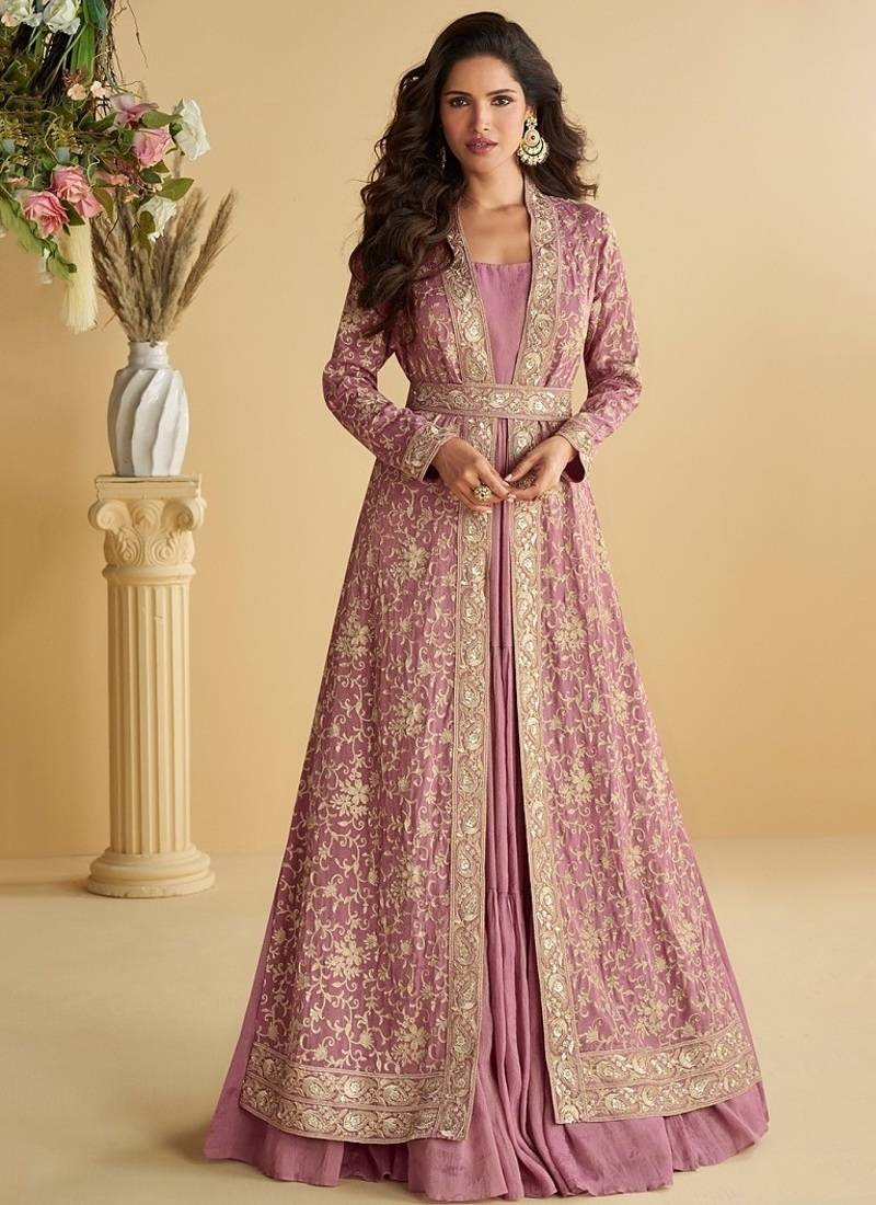 Pink chinon silk with embroidered work gown with shrug & belt
