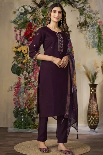 Wine roman silk thread embroidered salwar suit