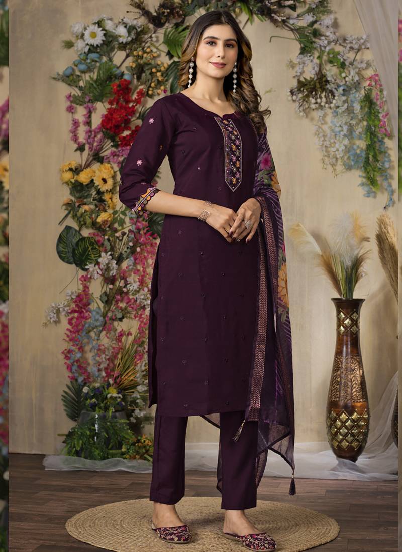 Wine roman silk thread embroidered designer salwar suit