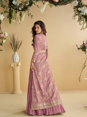 Pink chinon silk with embroidered work gown with shrug & belt 2