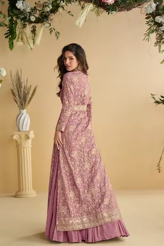 Pink chinon silk with embroidered work gown with shrug & belt