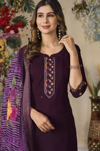 Wine roman silk thread embroidered salwar suit