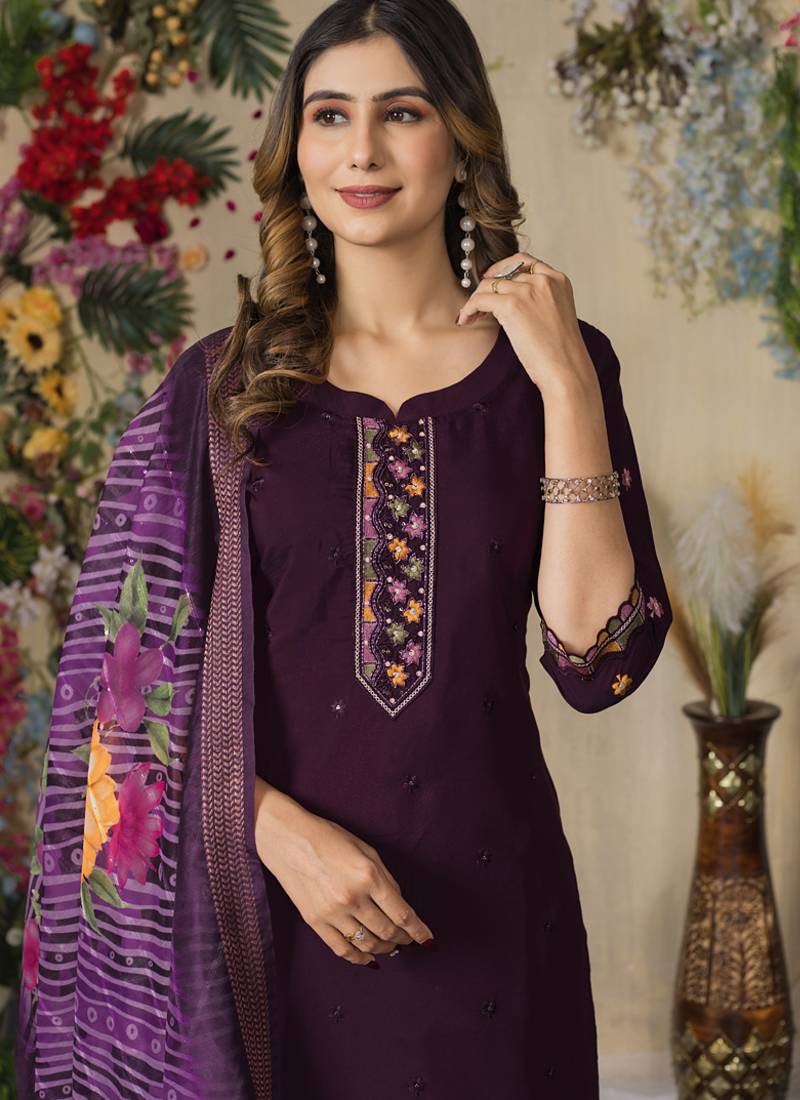 Wine roman silk thread embroidered designer salwar suit