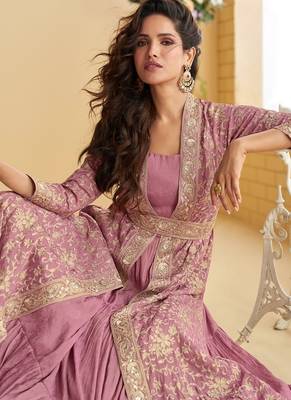 Pink chinon silk with embroidered work gown with shrug & belt 3