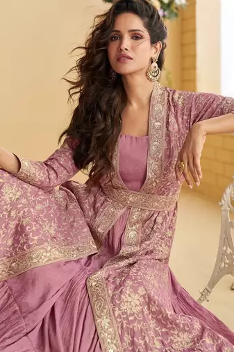 Pink chinon silk with embroidered work gown with shrug & belt