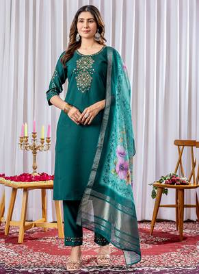 Rama green viscose silk thread embroidered salwar suit 1