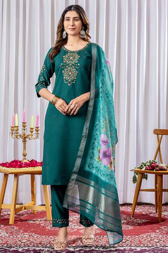 Rama green viscose silk thread embroidered designer salwar suit