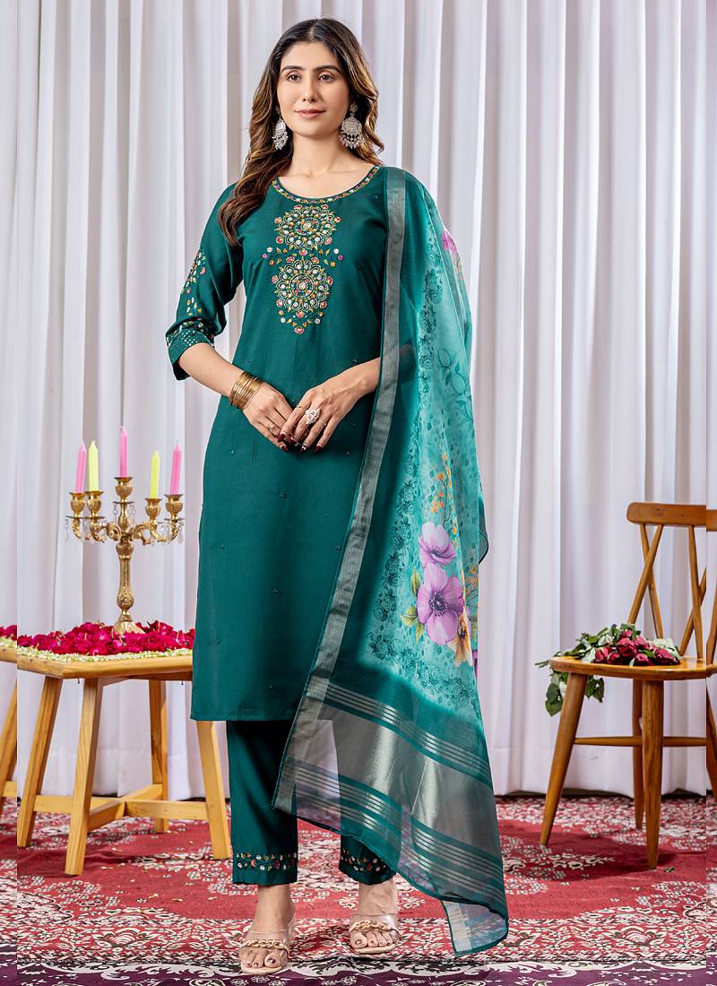 Rama green viscose silk thread embroidered designer salwar suit