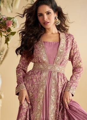 Pink chinon silk with embroidered work gown with shrug & belt 4