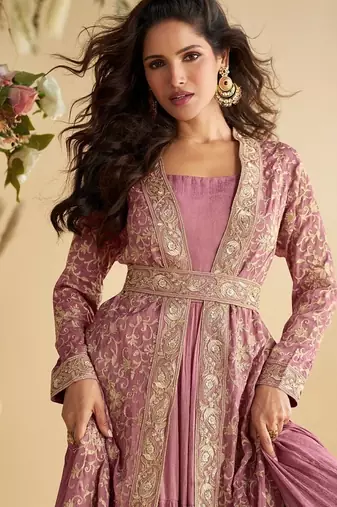 Pink chinon silk with embroidered work gown with shrug & belt