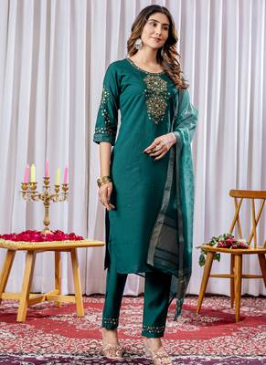 Rama green viscose silk thread embroidered salwar suit 2
