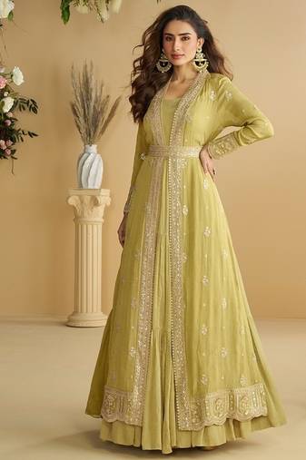 Perrot chinon silk with embroidered work gown with shrug & belt