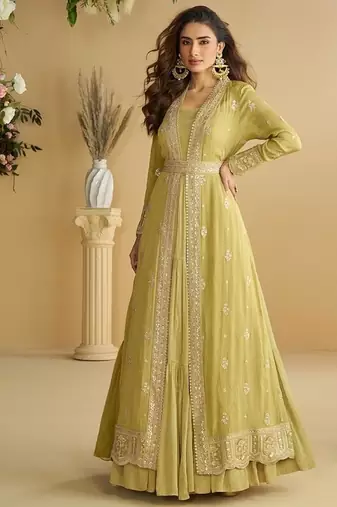 Perrot chinon silk with embroidered work gown with shrug & belt