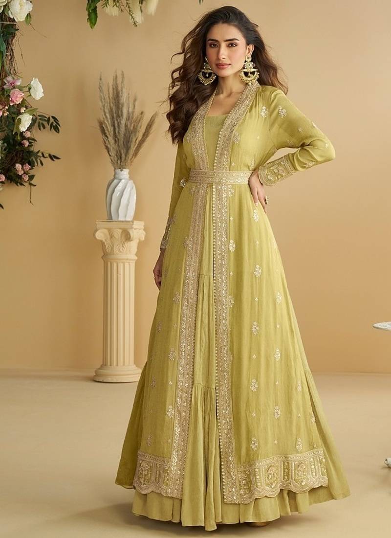 Perrot chinon silk with embroidered work gown with shrug & belt