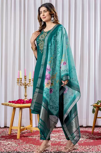 Rama green viscose silk thread embroidered salwar suit