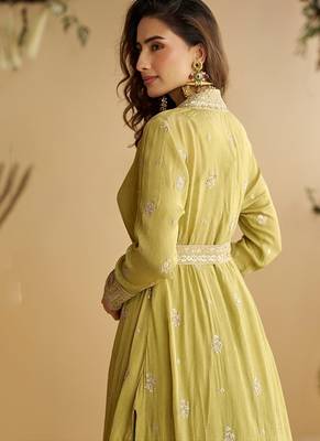 Perrot chinon silk with embroidered work gown with shrug & belt 2