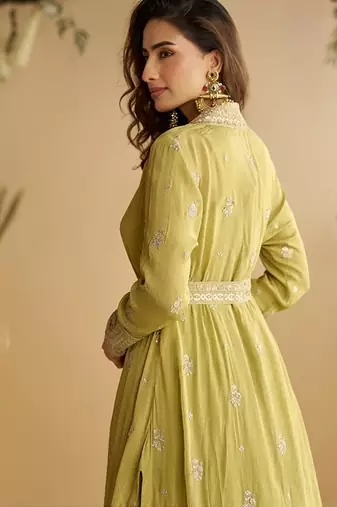 Perrot chinon silk with embroidered work gown with shrug & belt