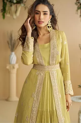Perrot chinon silk with embroidered work gown with shrug & belt