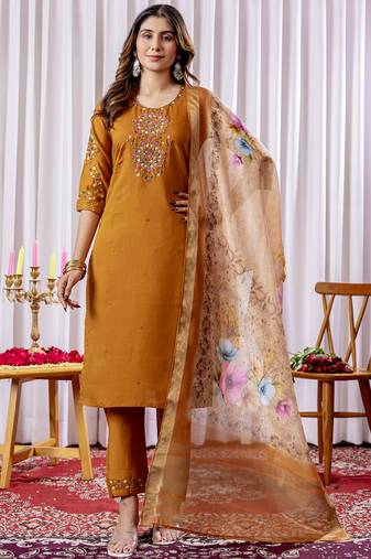 Mustard viscose silk thread embroidered designer salwar suit