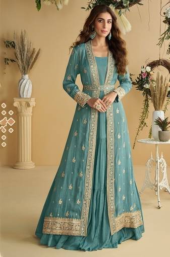 Teal chinon silk with embroidered work gown with shrug & belt