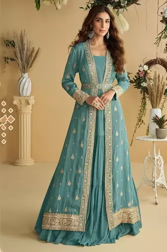 Teal chinon silk with embroidered work gown with shrug & belt