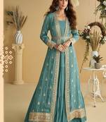 Teal chinon silk with embroidered work gown with shrug & belt