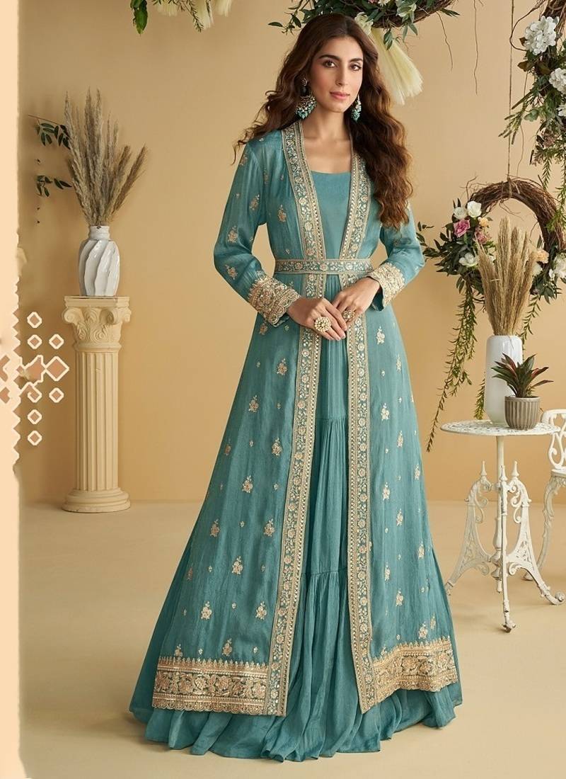 Teal chinon silk with embroidered work gown with shrug & belt