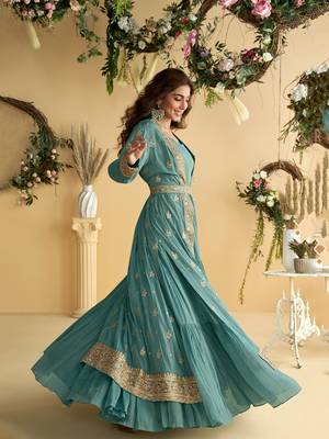 Teal chinon silk with embroidered work gown with shrug & belt 2