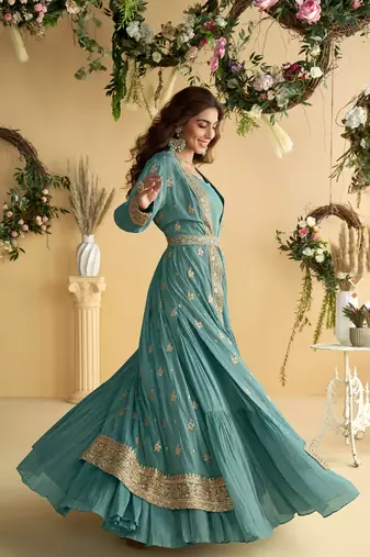 Teal chinon silk with embroidered work gown with shrug & belt