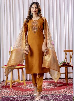 Mustard viscose silk thread embroidered salwar suit 2