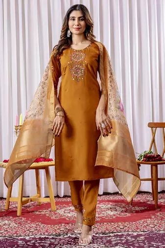 Mustard viscose silk thread embroidered salwar suit