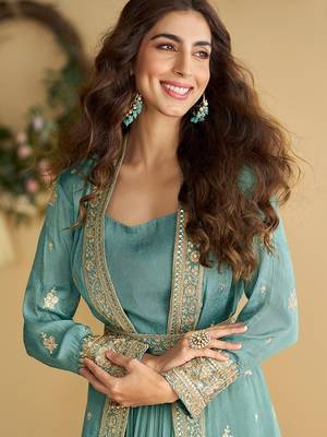 Teal chinon silk with embroidered work gown with shrug & belt 3