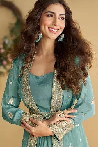 Teal chinon silk with embroidered work gown with shrug & belt
