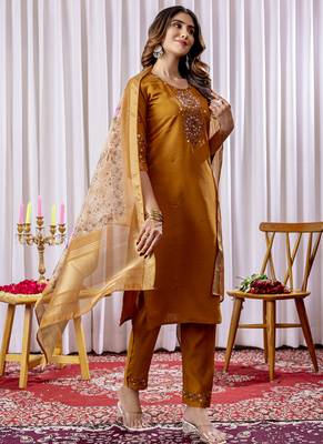 Mustard viscose silk thread embroidered salwar suit 3