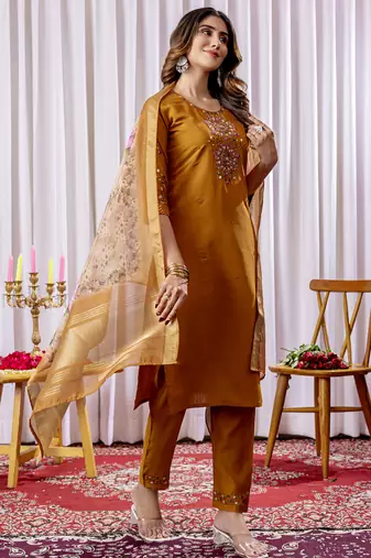 Mustard viscose silk thread embroidered salwar suit