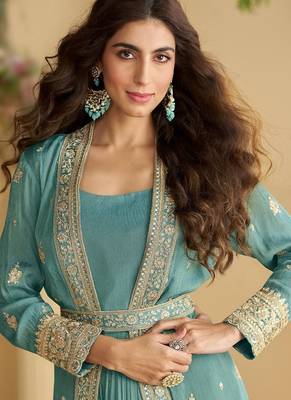 Teal chinon silk with embroidered work gown with shrug & belt 4