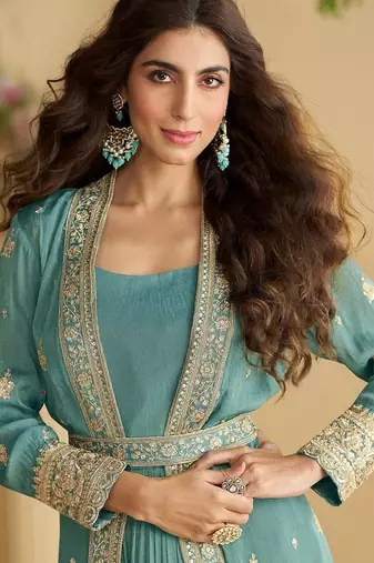 Teal chinon silk with embroidered work gown with shrug & belt
