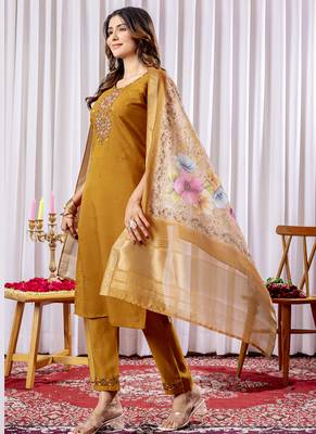 Mustard viscose silk thread embroidered salwar suit 4