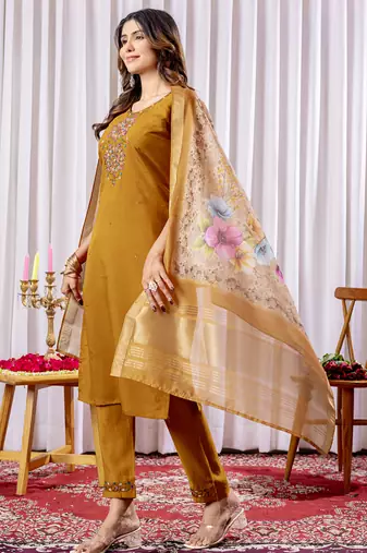 Mustard viscose silk thread embroidered salwar suit