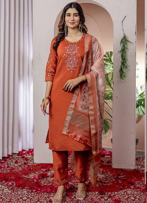 Orange viscose silk thread embroidered salwar suit 1